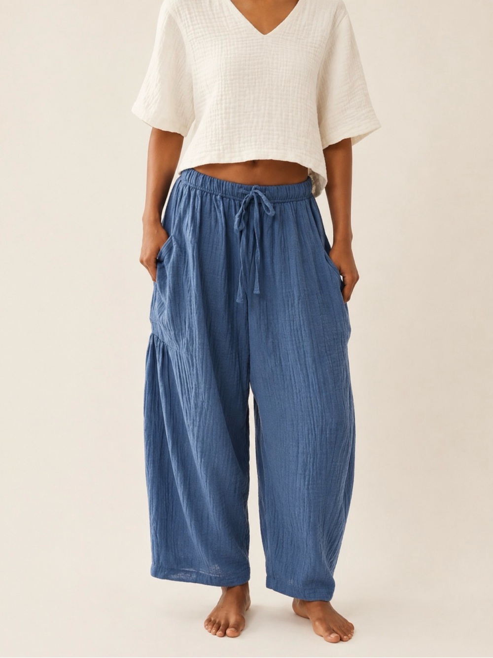 Pokoloko Stevie Blue Cotton Barrel Leg Pants XL Boho Gauze Wide Leg Drawstring